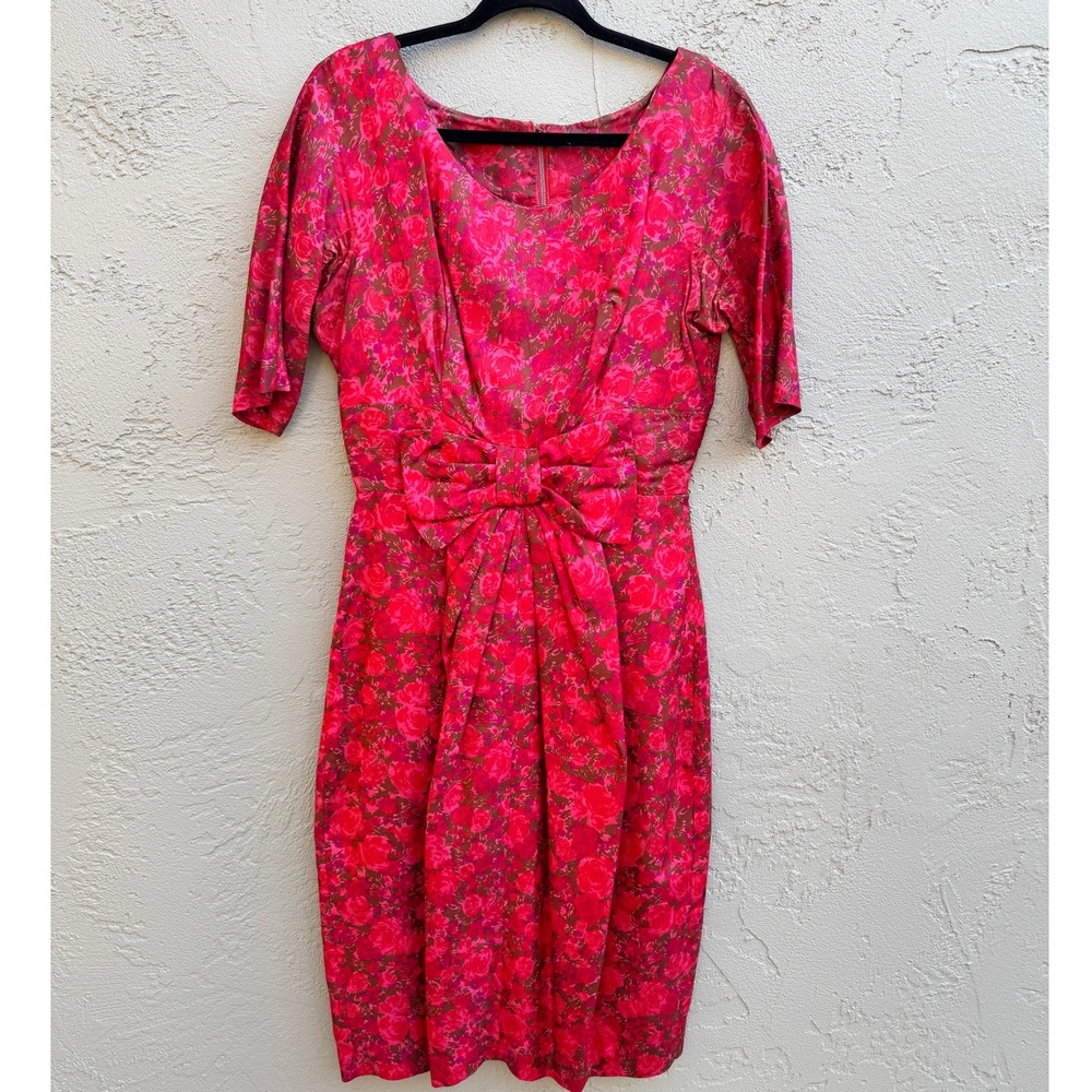 Vintage Miss Brooks Red Floral Rose Bow 60s Midi Dress MEDIUM Cocktail Retro